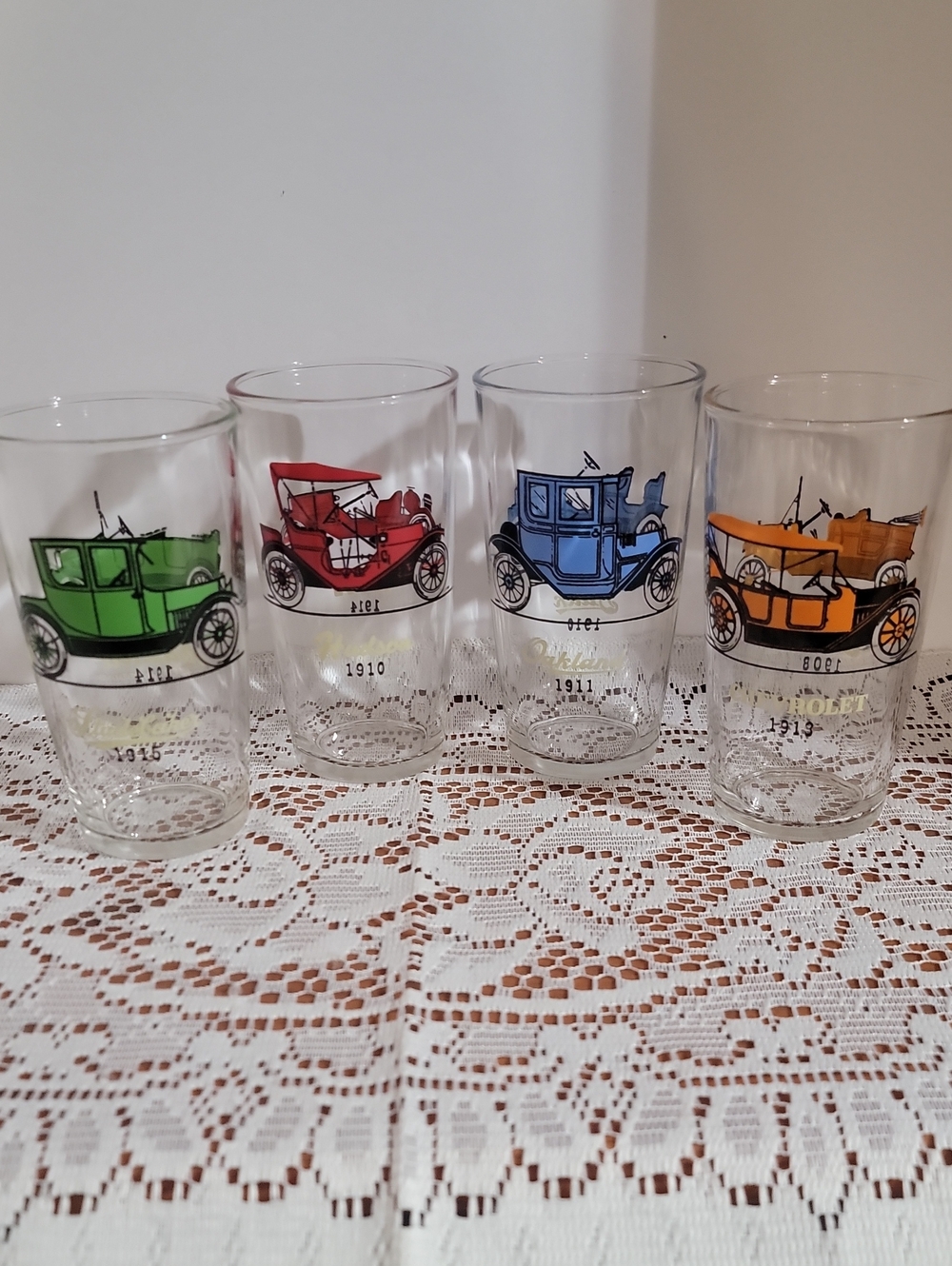 Vintage Hazel-Atlas Set of 4 Vintage Car Glass Tumblers-Green, Red, Blue, Orange